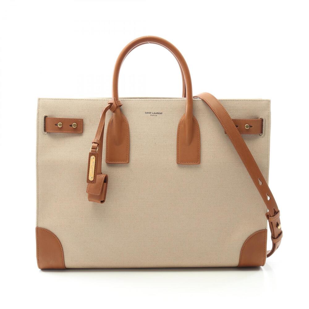 Saint Laurent Sac de Jour Thin Tote Bag Canvas Leather Beige Brown